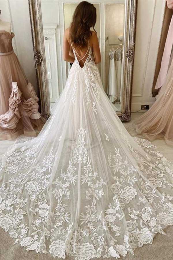 Ivory Tulle Spaghetti Straps Lace Wedding Dresses, MW739 | Musebridals Ivory Tulle Spaghetti Straps Lace Wedding Dresses, MW739 | Musebridals