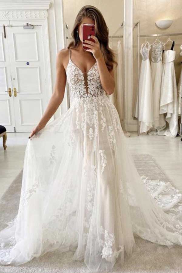 Charming Spaghetti straps Appliques Lace Wedding Dress,Split Chiffon Beach  Wedding Dress,MW359