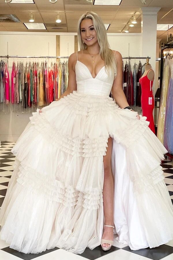 ivory tulle prom dress V-Neck Ivory Appliques Tiered Tulle Prom Dress with Flying Sleeves FancyVestido