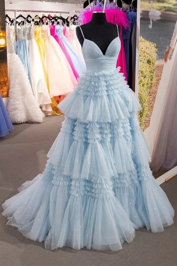 Sky Blue Tulle Ball Gown Spaghetti Straps Split Prom Dresses, Evening Gown, MP677 | tulle a line prom dress | floor length prom dress | blue prom dresses | www.musebridals.com