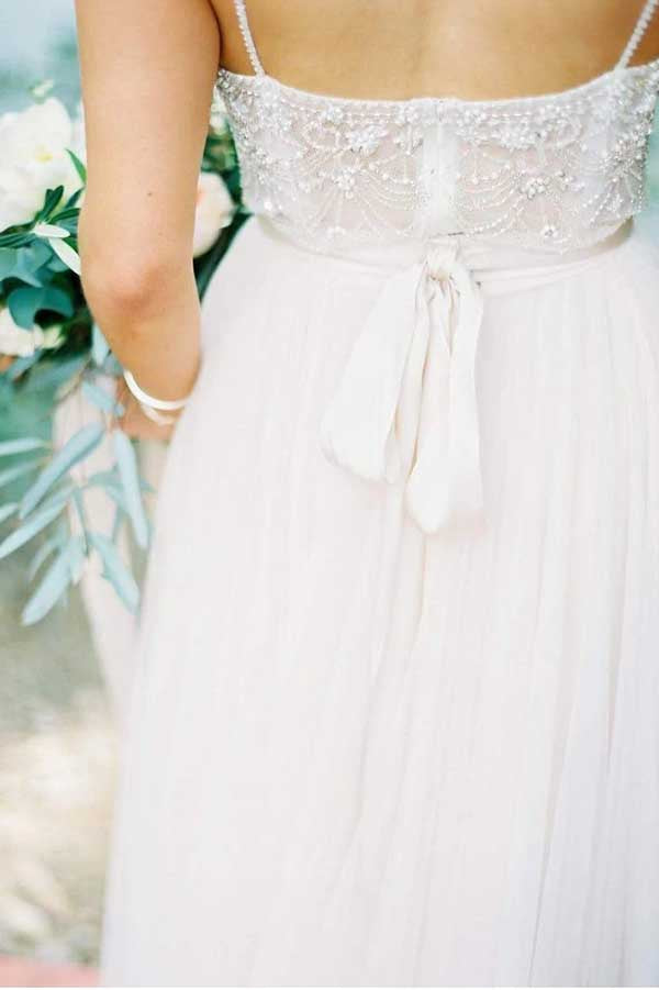Ivory Tulle Beaded Spaghetti Straps Wedding Dress MW729