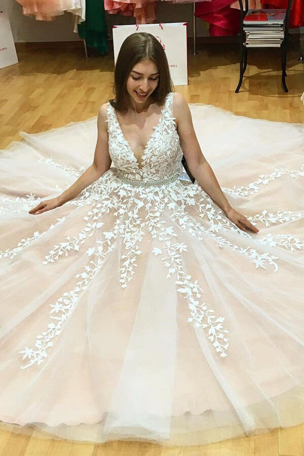 Ivory Tulle Lace A-line V-neck Beaded Wedding Dresses, Prom Dresses, MP640 Ivory Tulle Lace A-line V-neck Beaded Wedding Dresses, Prom Dresses, MP640