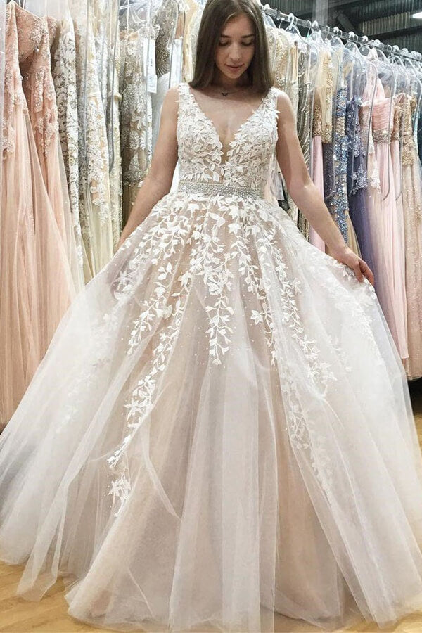 open lace back dress Pink A Line V- Neck Beading Beach Wedding Dress, Tulle Long Prom Dress US14 / Custom Color main image 0