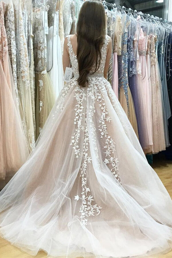 a line beaded wedding dress Ivory Tulle Lace A-line V-neck Beaded Wedding Dresses, Prom Dresses, MP640