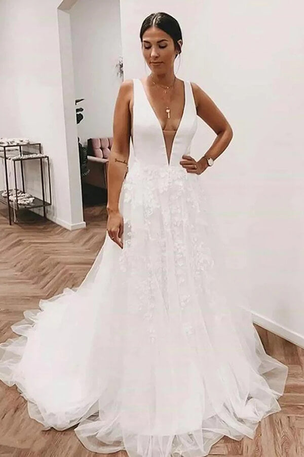 Ivory Tulle Lace Deep V neck Wedding Dresses With Train Bridal Gowns MW820