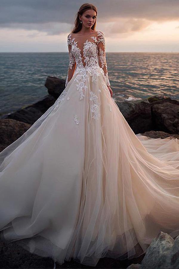 Ivory Tulle Lace Long Sleeves Beach Wedding Dresses With Illusion Neck, MW716 Ivory Tulle Lace Long Sleeves Beach Wedding Dresses With Illusion Neck, MW716