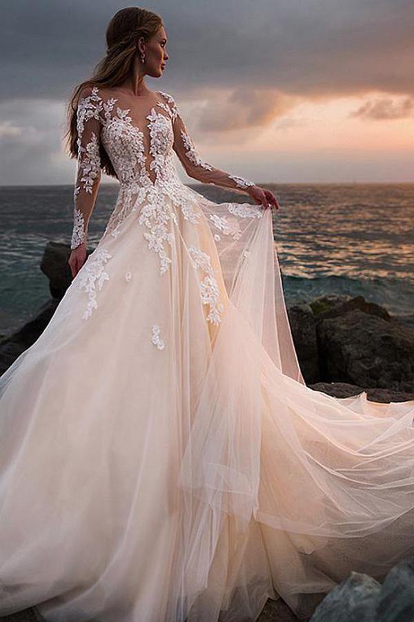 Ivory Tulle Lace Long Sleeve Beach Wedding Dresses MW716