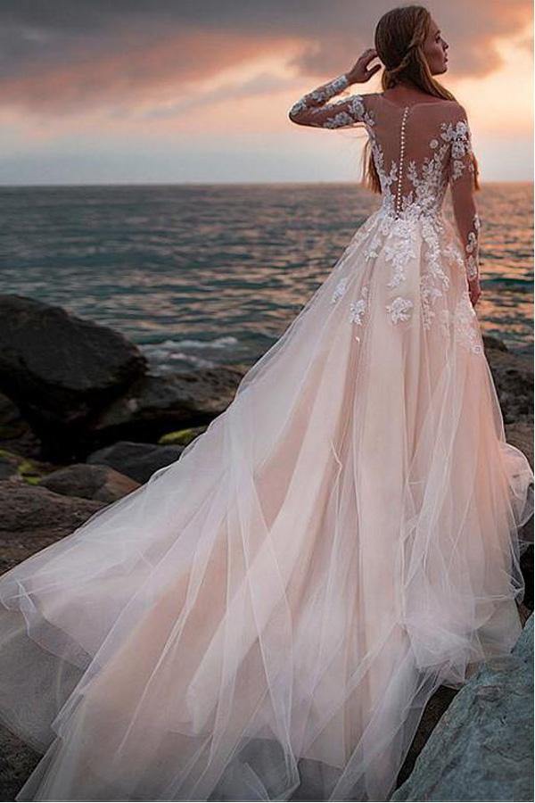 Ivory Tulle Lace Long Sleeves Beach Wedding Dresses With Illusion Neck, MW716 Ivory Tulle Lace Long Sleeves Beach Wedding Dresses With Illusion Neck, MW716