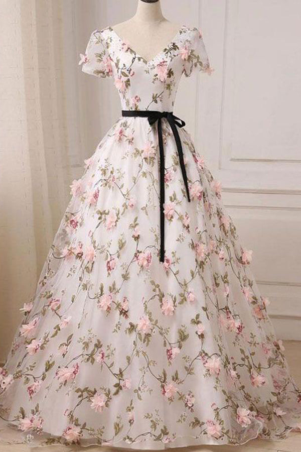 V-neck Floor-length Floral Long Lace Ball Gown Prom Dress,MP433 Musebridals V-neck Floor-length Floral Long Lace Ball Gown Prom Dress,MP433 Musebridals