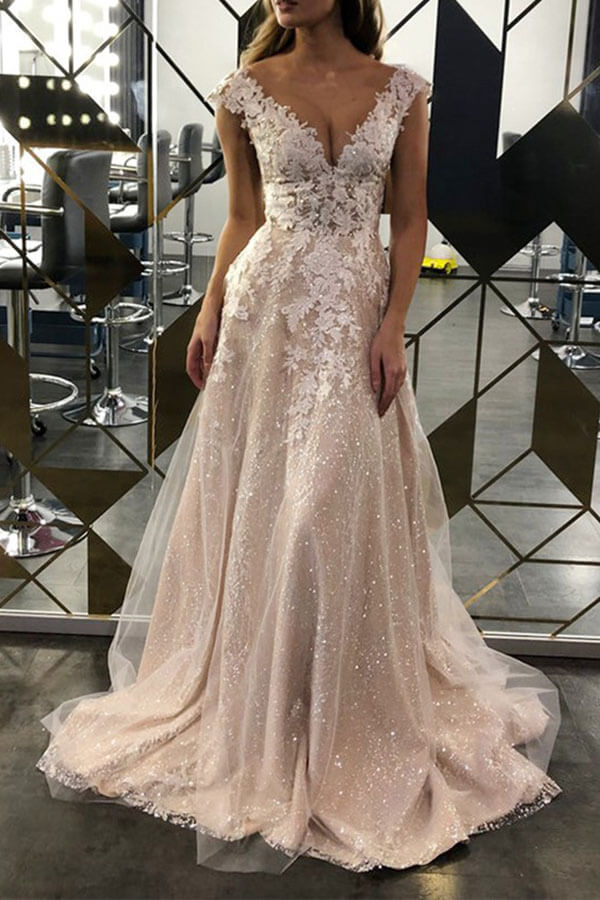 Lace A-line V-neck Sweep Train Wedding Dress MW542 | Musebridals Lace A-line V-neck Sweep Train Wedding Dress MW542 | Musebridals