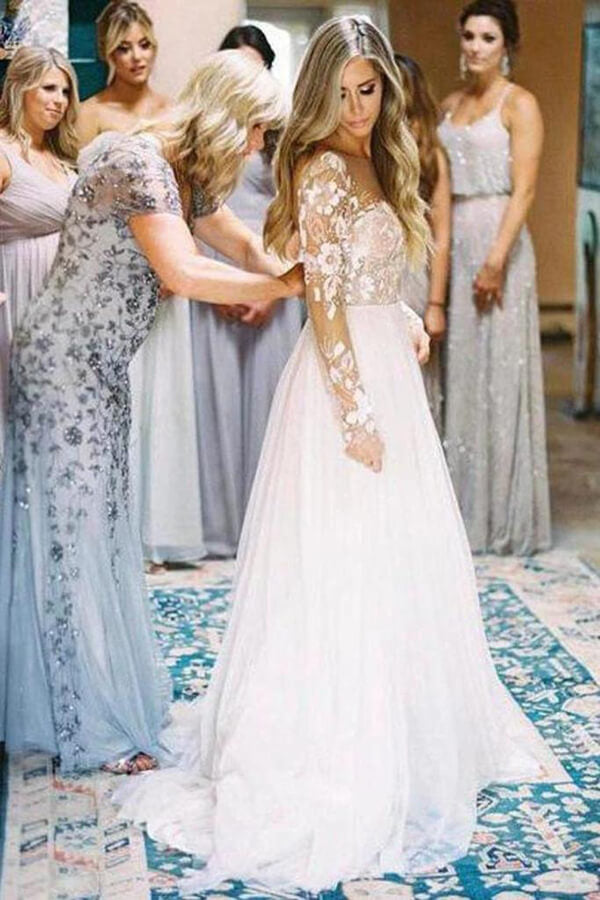 Lace Backless A-Line V-neck Long Sleeves Wedding Dresses, Bridal Dresses, MW552 Lace Backless A-Line V-neck Long Sleeves Wedding Dresses, Bridal Dresses, MW552