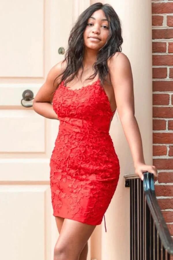 Lace Backless Spaghetti Straps Tight Homecoming Dresses Short Party Dress MH566