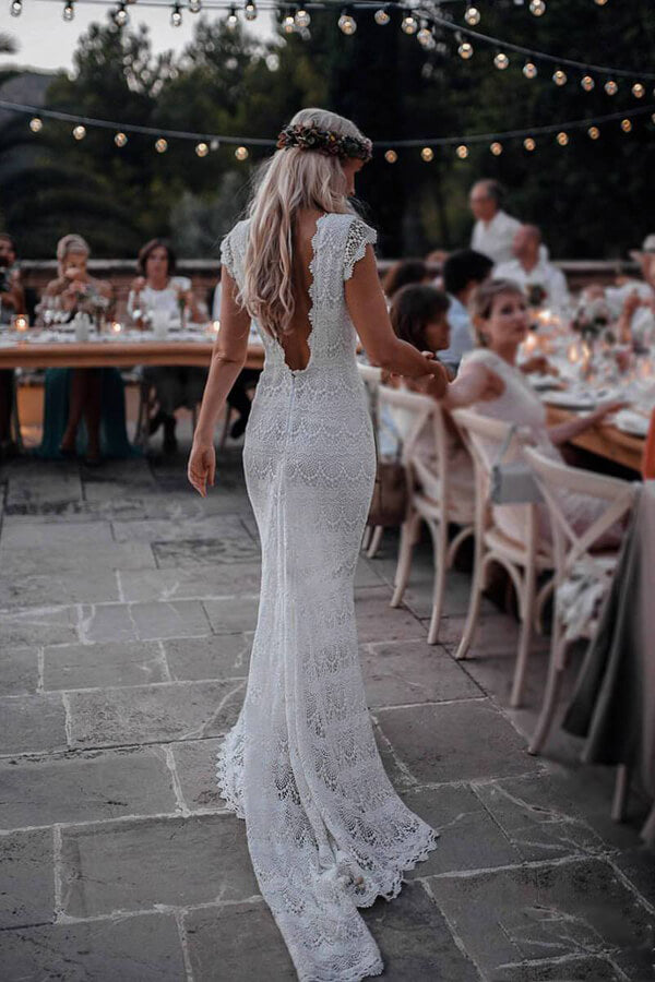 Lace Boho Mermaid Backless Cap Sleeve Bohemian Wedding Dresses ,MW265