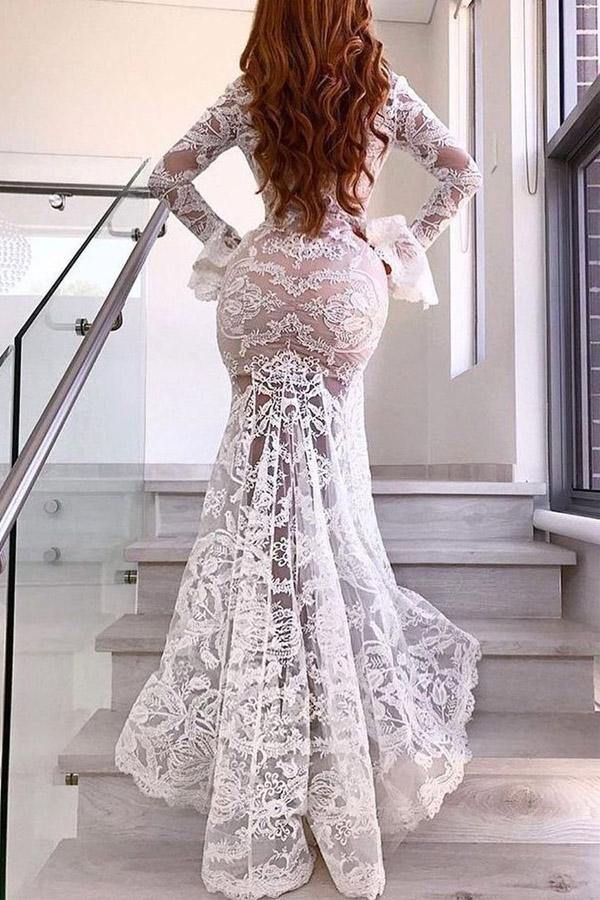 Lace Mermaid Deep V-neck Long Sleeve Wedding Dress MW733 | Musebridals Lace Mermaid Deep V-neck Long Sleeve Wedding Dress MW733 | Musebridals