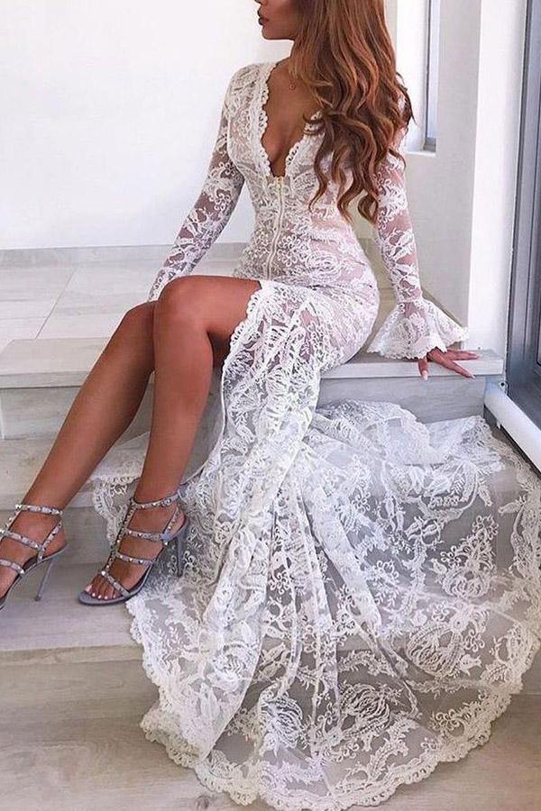 Lace Mermaid Deep V-neck Long Sleeves Wedding Dress, Wedding Gown, MW733 Lace Mermaid Deep V-neck Long Sleeves Wedding Dress, Wedding Gown, MW733