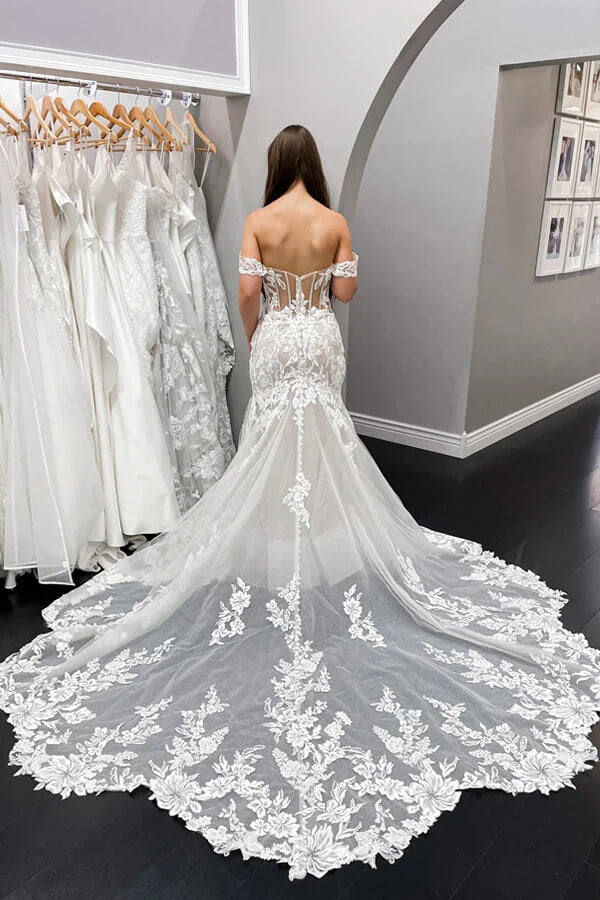Lace Mermaid Off Shoulder Vintage Wedding Dresses MW834 | Musebridals Lace Mermaid Off Shoulder Vintage Wedding Dresses MW834 | Musebridals