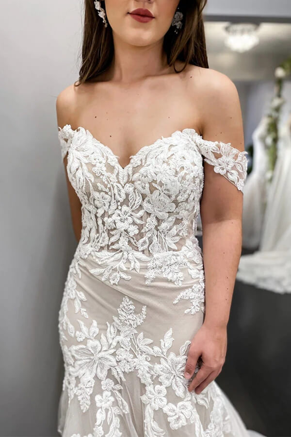 Lace Mermaid Off-the-Shoulder Vintage Wedding Dresses, Bridal Gown, MW834 | bohemian wedding dresses | cheap wedding dresses online | wedding gowns | musebridals.com