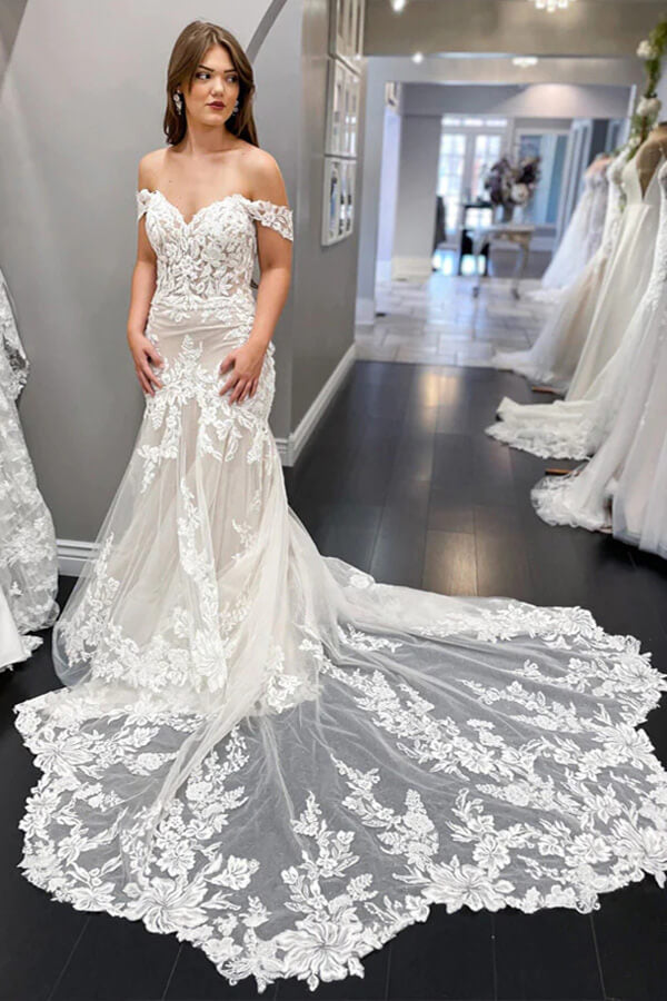 Lace Mermaid Off-the-Shoulder Vintage Wedding Dresses, Bridal Gown, MW834 Lace Mermaid Off-the-Shoulder Vintage Wedding Dresses, Bridal Gown, MW834
