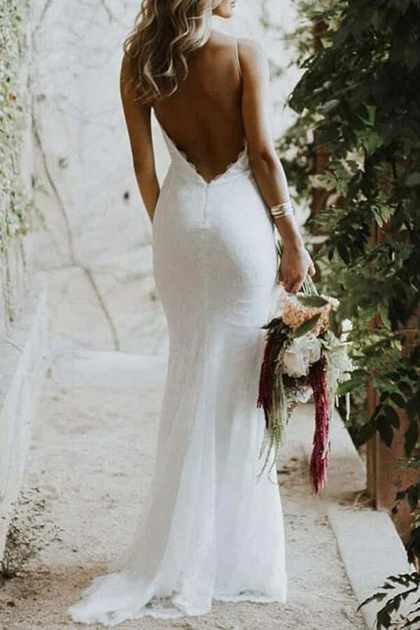 Lace Mermaid Spaghetti Straps Backless Wedding Dresses, Bridal Gown, MW692