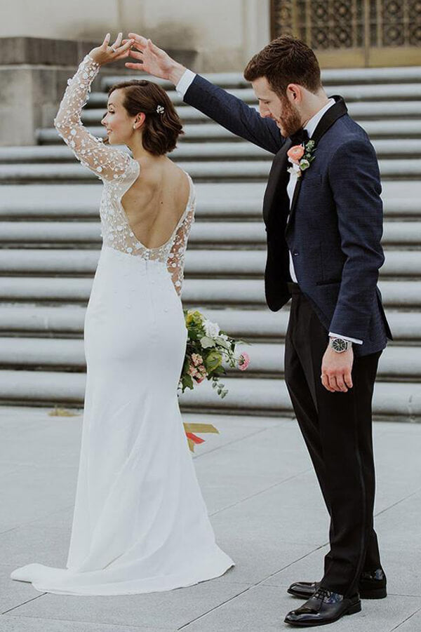 long sleeve open back mermaid wedding dress Bellasprom Deep V-Neck Long Sleeves Mermaid Wedding Dress Appliques Long With Overskirt Open Back Same as Picture-US2