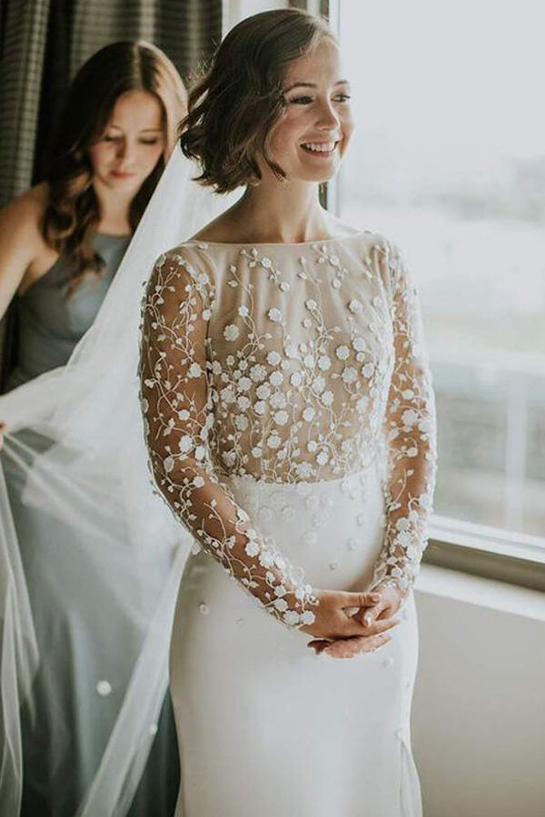 Lace Scoop Mermaid Long Sleeves Wedding Dresses, MW636 | Musebridals Lace Scoop Mermaid Long Sleeves Wedding Dresses, MW636 | Musebridals