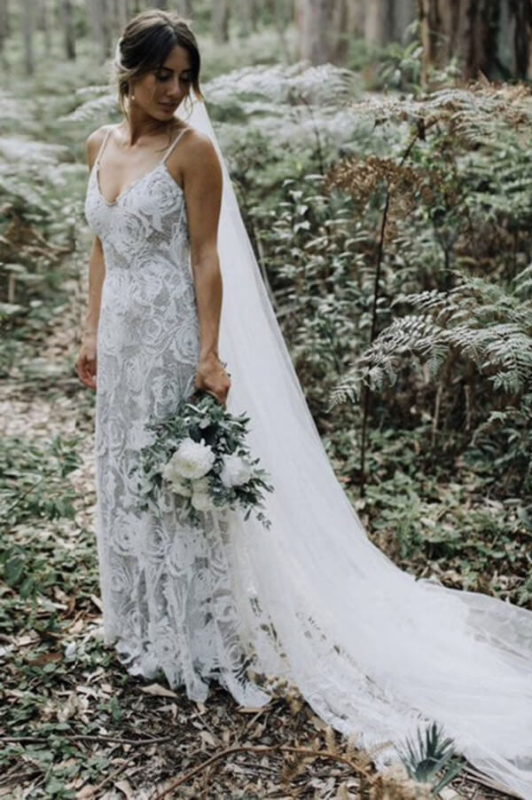 Lace Sheath Backless Spaghetti Straps Beach Wedding Dress, Wedding Gown, MW657 Lace Sheath Backless Spaghetti Straps Beach Wedding Dress, Wedding Gown, MW657