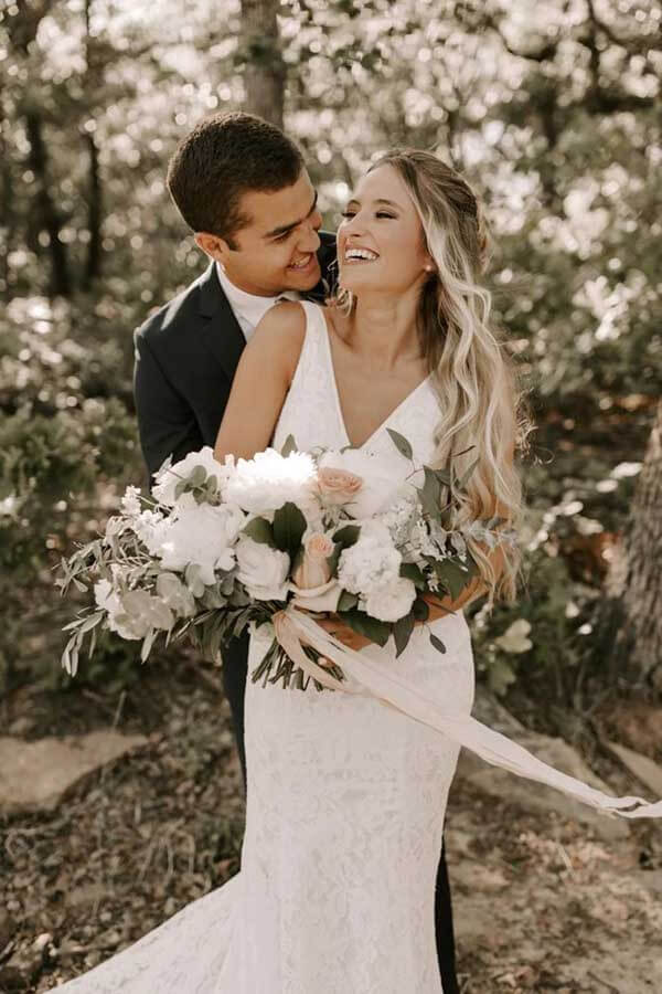 Lace Sheath V-neck Backless Wedding Dresses With Train, Bridal Gowns, MW777 | v neck wedding dresses | vintage wedding dresses | wedding dresses stores | musebridals.com
