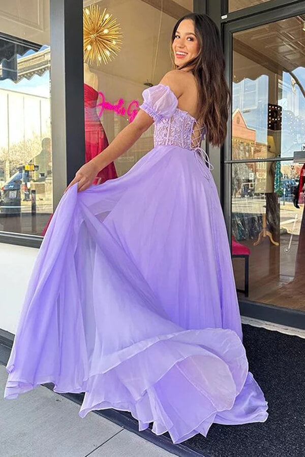 Lavender Chiffon Sweetheart Neck Lace Long Prom Dresses, Party Dresses, MP795
