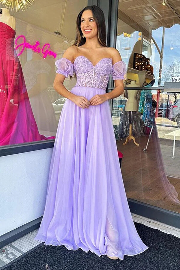 Lavender Chiffon Sweetheart Lace Long Prom Dresses MP795 | Musebridals Lavender Chiffon Sweetheart Lace Long Prom Dresses MP795 | Musebridals