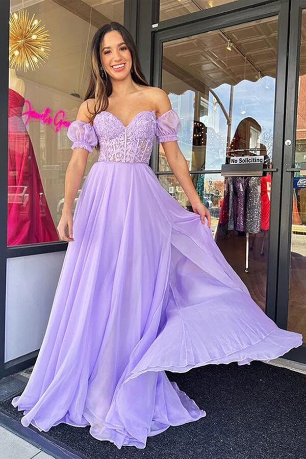 Lavender Chiffon Sweetheart Neck Lace Long Prom Dresses, Party Dresses, MP795