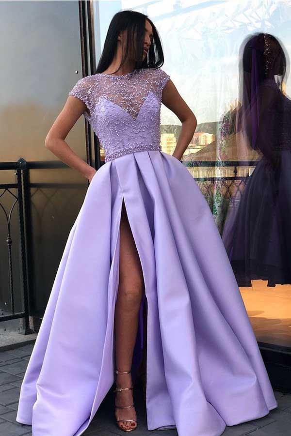 Lavender Satin A-line Beaded Long Prom Dresses, Evening Dresses With Slit, MP700 | a line prom dresses | long formal dresses | beaded prom dresses | evening gown | musebridals.com