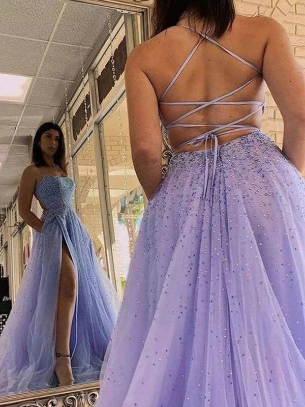 Lavender Tulle A-line Beaded Long Prom Dresses With Slit, Party Dress, MP803 Lavender Tulle A-line Beaded Long Prom Dresses With Slit, Party Dress, MP803