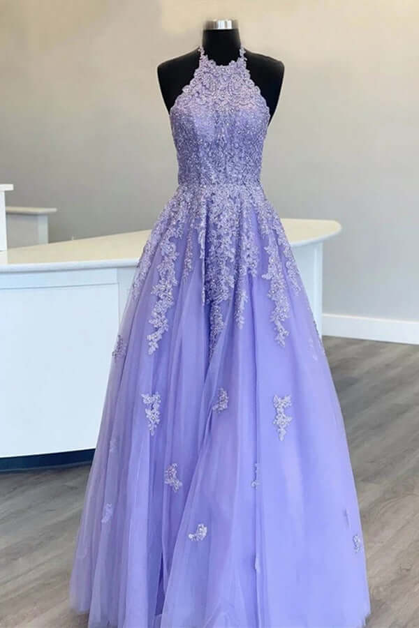 purple halter top prom dress Stunning A Line Halter Neck Purple Long Prom Dress with Keyhole Split Front