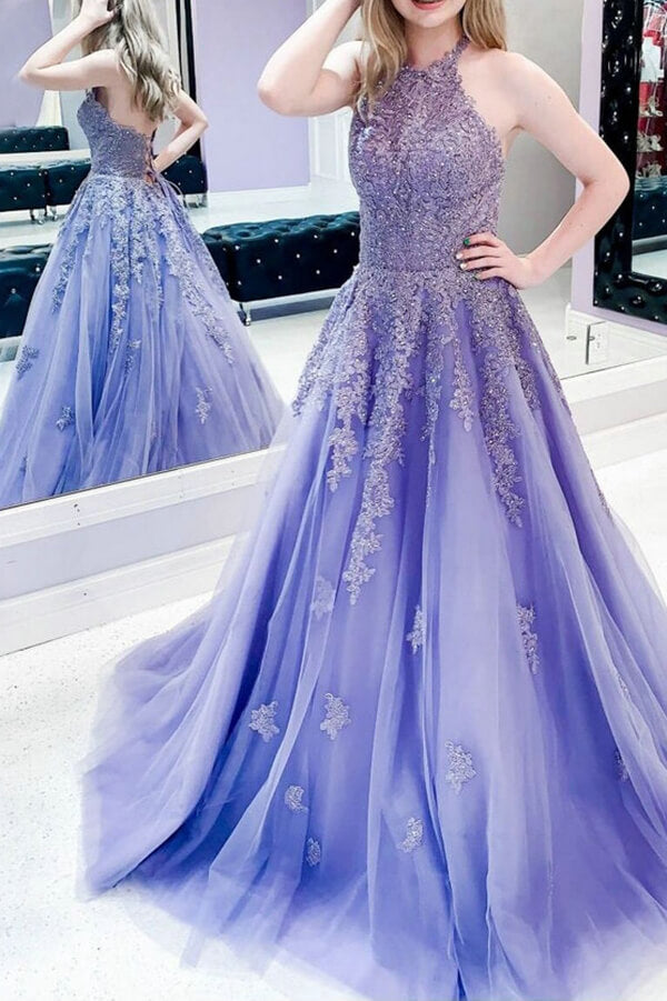 Lavender Tulle A-line Halter Lace Appliqued Prom Dresses, Evening Dress, MP674 | evening dresses | party dresses | long prom dress online | www.musebridals.com