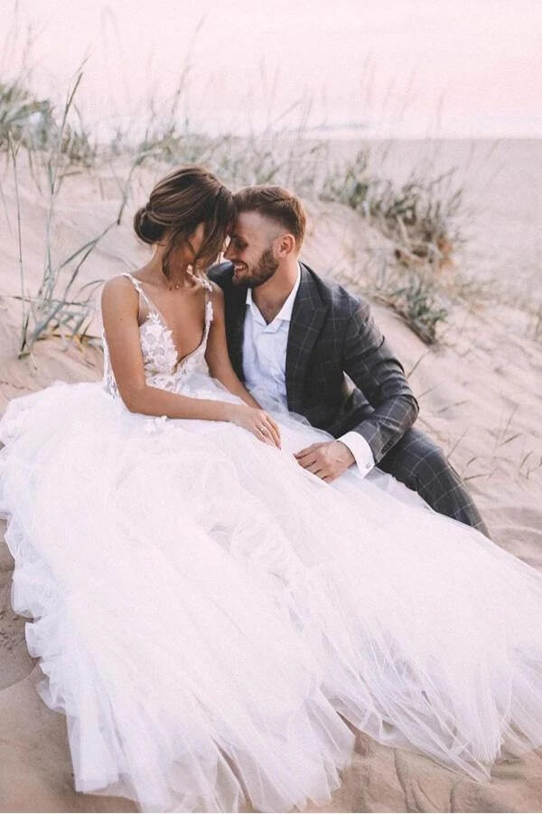 Layered Tulle Unlined Lace Wedding Ball Gown with Deep V-neck Wedding Dresses,MW371 Layered Tulle Unlined Lace Wedding Ball Gown with Deep V-neck Wedding Dresses,MW371