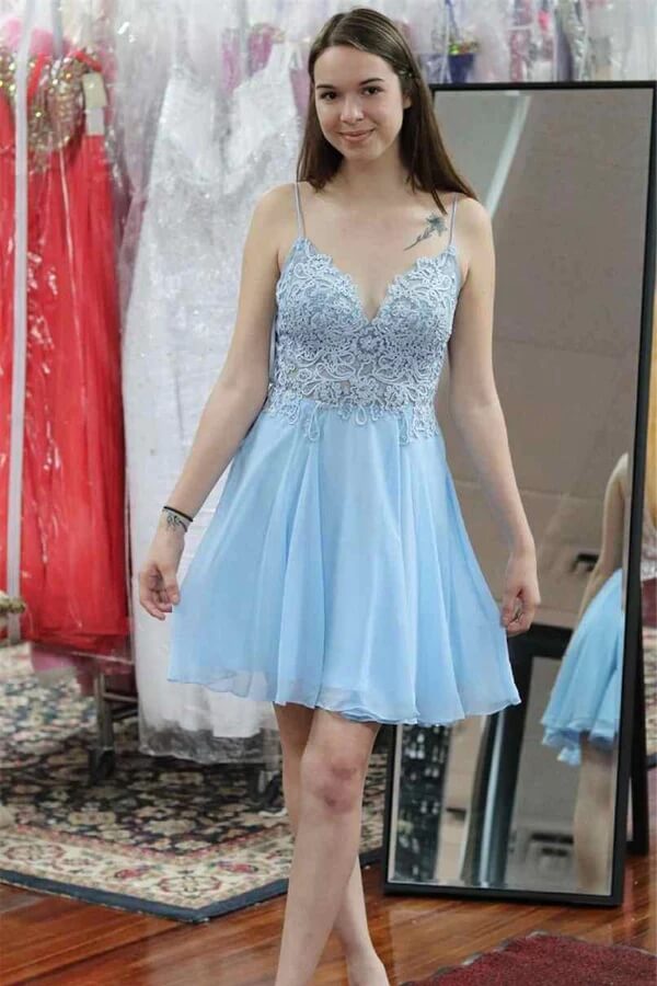 Light Blue A-Line Spagheti Straps Lace Appliques Homecoming Dresses, MH568 Light Blue A-Line Spagheti Straps Lace Appliques Homecoming Dresses, MH568