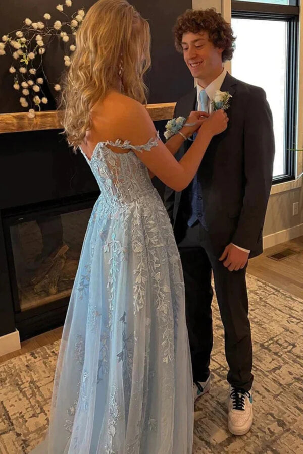 Light Blue A-line Tulle Off-the-Shoulder Prom Dresses With Appliques, MP816 Light Blue A-line Tulle Off-the-Shoulder Prom Dresses With Appliques, MP816