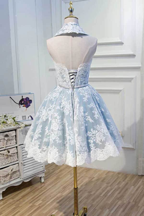 Light Blue Halter Lace Appliques Homecoming Dresses, Short Prom Dress, MH545 Light Blue Halter Lace Appliques Homecoming Dresses, Short Prom Dress, MH545