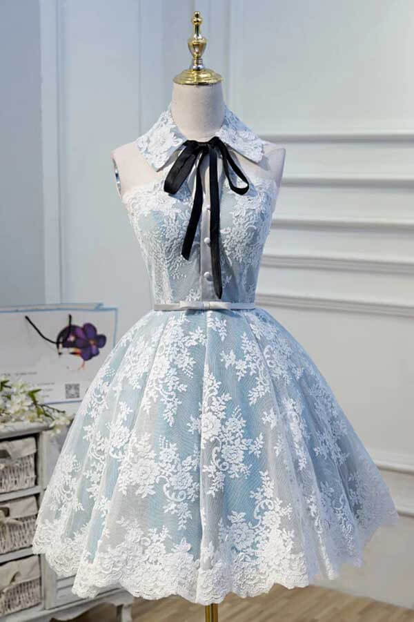 halter lace homecoming dress Light Blue Halter Lace Appliques Homecoming Dresses, Short Prom Dress, MH545