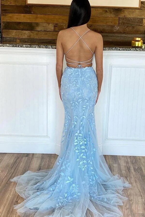 Light Blue Mermaid Two Piece Scoop Neck Lace Appliques Prom Dresses, MP754 | tulle prom dresses | long prom dress | musebridals.com