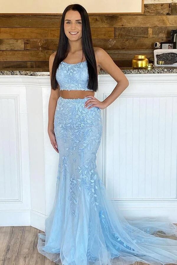 Light Blue Mermaid Two Piece Scoop Neck Lace Appliques Prom Dresses, MP754 | blue prom dresses | evening dresses | evening gown | musebridals.com