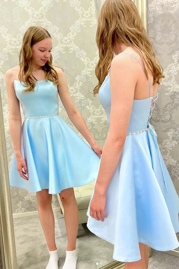 Light Blue Satin Cheap Homecoming Dresses, Beaded Short Party Dresses, MH562 | short homecoming dresses | a line homecoming dresses | school event dress | musebridals.com