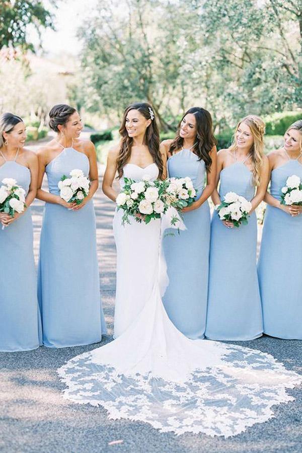 Light Blue Satin Sheath Halter Bridesmaid Dresses MBD164