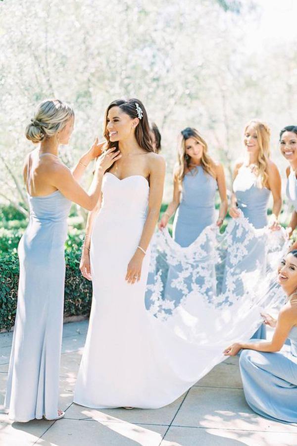 Light Blue Satin Sheath Halter Bridesmaid Dresses, Wedding Party Dress, MBD164