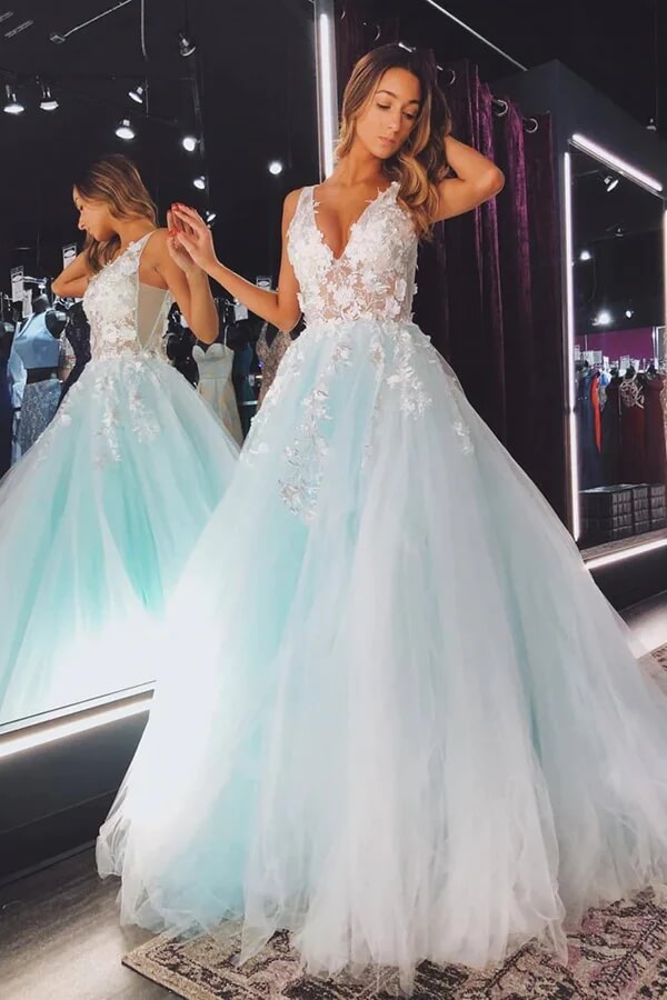 Light Green Tulle A-line V-neck Lace Appliques Prom Dresses, Evening Dress, MP738