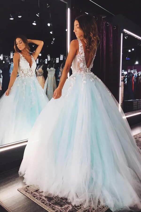 Light Green Tulle A-line V-neck Lace Appliques Prom Dresses, Evening Dress, MP738 Light Green Tulle A-line V-neck Lace Appliques Prom Dresses, Evening Dress, MP738