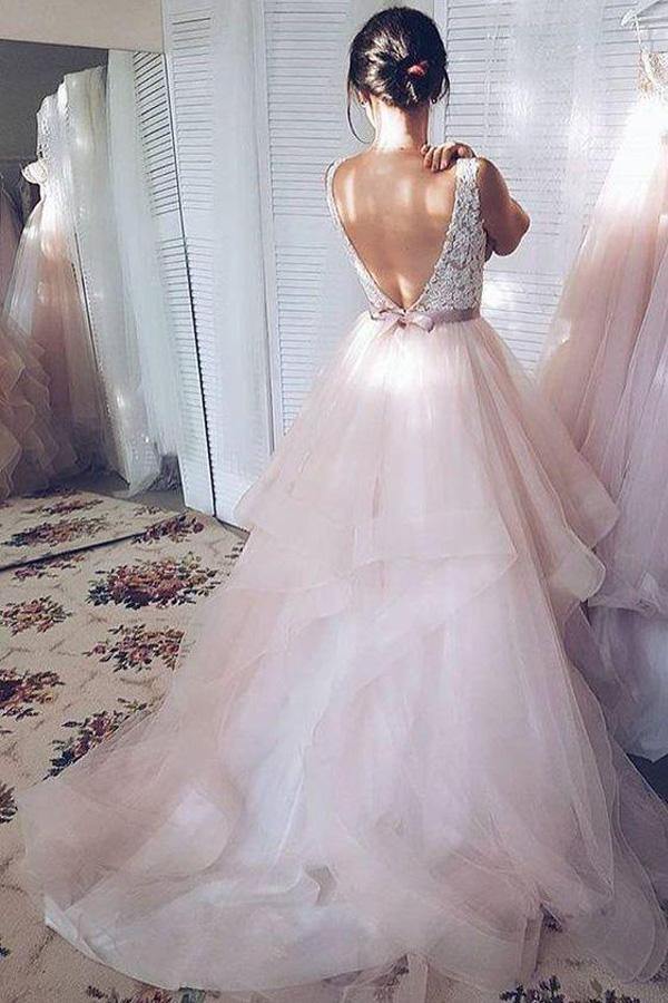 Light Pink Tulle Ball Gown V-neck Lace Wedding Dresses, Bridal Gowns, MW719 Light Pink Tulle Ball Gown V-neck Lace Wedding Dresses, Bridal Gowns, MW719