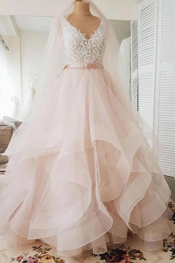 Boho Blush Pink Lace A Line Wedding Dress 2022 With Deep V Neck