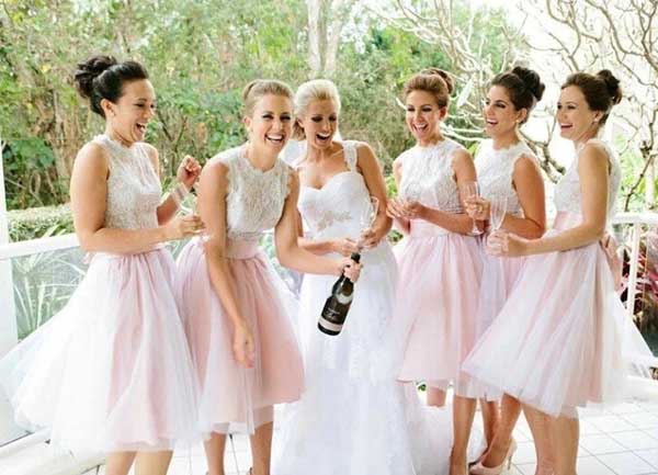 Light Pink Tulle Lace A line Short Bridesmaid Dresses Wedding Party Dress MBD181