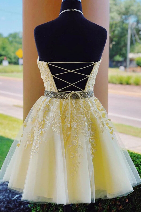 Light Yellow Lace Beaded A-line Homecoming Dress, MH535 | Musebridals Light Yellow Lace Beaded A-line Homecoming Dress, MH535 | Musebridals